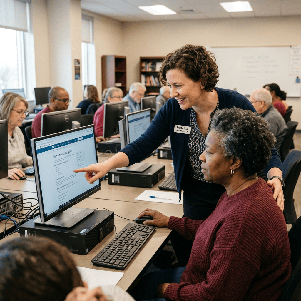 Instructor assisting adult woman with computer use in classroom